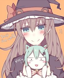 Rule 34 | 10s, 1girl, animal ears, aqua eyes, aqua hair, bell, blush, brown hair, commentary, ears through headwear, english text, hair ornament, hairclip, hat, jingle bell, kantai collection, kumano (kancolle), kvlen, long hair, looking at viewer, open mouth, smile, suzuya (kancolle), upper body, witch, witch hat