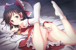 Rule 34 | 1girl, anus, black hair, bow, breasts, brown eyes, brown hair, censored, detached sleeves, feet up, h (sfkf5588), hair bow, hair tubes, hakurei reimu, highres, light particles, long hair, looking at viewer, looking back, lying, mosaic censoring, nipples, on stomach, pussy, pussy juice, pussy juice trail, red skirt, sex toy, skirt, small breasts, smile, socks, solo, touhou, vibrator, white socks