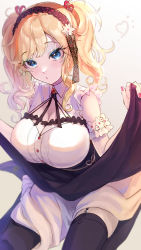 Rule 34 | 1girl, :o, alternate costume, alternate hairstyle, black thighhighs, blonde hair, blue eyes, blush, breasts, brooch, cleavage, clothes lift, dress, flower, fujima (k114), garter straps, hair flower, hair ornament, hairband, highres, idolmaster, idolmaster cinderella girls, jewelry, lace, large breasts, long hair, looking at viewer, ohtsuki yui, seiza, simple background, sitting, skirt, skirt lift, sleeveless, sleeveless dress, solo, thighhighs, tsurime, twintails, white background, wing collar