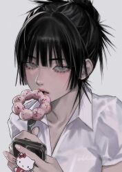 Rule 34 | 1girl, artist name, black hair, blunt bangs, doughnut, eriol s2, expressionless, fingernails, food, fork, grey background, grey eyes, hair bun, hello kitty, hello kitty (character), highres, holding, holding fork, holding phone, looking at viewer, nail polish, open mouth, original, phone, sanrio, shirt, simple background, solo, upper body, white nails, white shirt