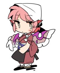 Rule 34 | 1girl, animal ears, bird ears, bird wings, brown footwear, brown kimono, closed mouth, earrings, full body, grey eyes, ini (inunabe00), japanese clothes, jewelry, kimono, looking at viewer, mystia lorelei, okamisty, pink hair, short hair, simple background, single earring, solo, standing, touhou, white background, white headwear, white wings, wings