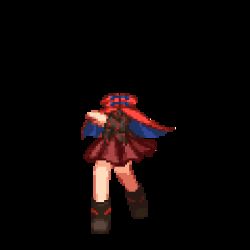 Rule 34 | animated, animated gif, ankle boots, attack, black footwear, boots, cape, cloak, collar, commentary, headless, isu (is88), lowres, pixel art, pleated skirt, red cape, red cloak, sekibanki, skirt, spinning, sprite, touhou, transparent background
