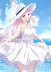 Rule 34 | 1girl, absurdres, bare shoulders, blue archive, breasts, cleavage, dress, hat, highres, long hair, looking at viewer, maru.selinn, medium breasts, mika (blue archive), pink hair, smile, solo, white dress, yellow eyes
