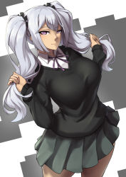 Rule 34 | 1girl, black sweater, d-frag!, dutch angle, grey hair, highres, holding, holding own hair, long hair, looking at viewer, packge, pleated skirt, sakai tama, school uniform, shirt, skirt, smile, solo, sweater, twintails, v-neck, white shirt