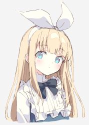 Rule 34 | 1girl, absurdres, alice (alice in wonderland), alice in wonderland, black bow, blonde hair, blue dress, blue eyes, blush, bow, closed mouth, cropped torso, dress, grey background, hair ribbon, hairband, highres, long hair, looking at viewer, original, ribbon, shirt, simple background, solo, upper body, white hairband, white ribbon, white shirt, zoirun