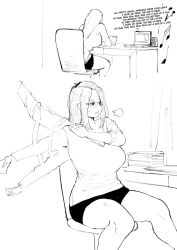 Rule 34 | 1girl, afterimage, bangs pinned back, black shorts, breasts, chair, commentary, computer, curvy, desk, english commentary, folded hair, glasses, greyscale, hair pulled back, highres, indoors, inne sulistya robin, laptop, large breasts, long hair, monochrome, norman maggot, office chair, original, paper stack, short shorts, shorts, sitting, sketching, solo, sweater, swivel chair, thighs