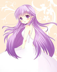 Rule 34 | 1girl, bare shoulders, blush, dress, fire emblem, fire emblem: the binding blade, leaf, leaf background, long hair, looking at viewer, looking back, miyako (mongcocoa), mongcocoa, nintendo, orange background, pointy ears, purple background, purple eyes, purple hair, smile, solo, sophia (fire emblem), very long hair, white dress
