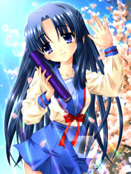 Rule 34 | asakura ryouko, blue eyes, blue hair, cherry blossoms, diploma, highres, long hair, petals, sachiko, school uniform, serafuku, solo, suzumiya haruhi no yuuutsu