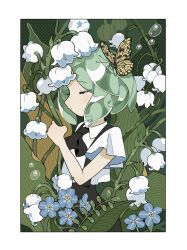 Rule 34 | 1other, androgynous, black necktie, blue flower, border, bug, butterfly, closed eyes, closed mouth, collared shirt, commentary request, facing to the side, flower, gem uniform (houseki no kuni), green hair, hand up, holding, houseki no kuni, insect, leaf, lily of the valley, mol (molmol 09), necktie, other focus, phosphophyllite, profile, shirt, short hair, short sleeves, solo, suspenders, water drop, white border, white flower, white shirt
