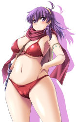 Rule 34 | 1girl, ahoge, athena (series), bikini, breasts, groin, hairband, hand on own hip, large breasts, long hair, navel, princess athena, purple eyes, purple hair, red bikini, red scarf, scarf, simple background, snk, solo, swimsuit, tonpuu, white background, wide hips