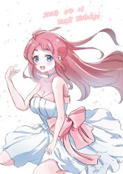 Rule 34 | 1girl, absurdres, blue eyes, bow, breasts, choker, cleavage, dated, dress, floating hair, gamer u3, happy birthday, highres, large breasts, long hair, looking at viewer, minamoto sakura, petals, pink bow, red hair, sitting, solo, strapless, strapless dress, white choker, white dress, zombie land saga