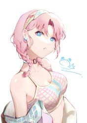 Rule 34 | 1girl, absurdres, arknights, bare shoulders, blue eyes, blue poison (arknights), blue poison (shoal beat) (arknights), braid, breasts, camisole, chinese commentary, choker, cleavage, commentary request, crop top, earrings, hairband, head tilt, highres, jacket, jewelry, long hair, looking at viewer, medium breasts, midriff, nanxianyiduan, off shoulder, official alternate costume, open clothes, open jacket, parted lips, pink choker, pink hair, simple background, solo, spaghetti strap, sports bra, twin braids, upper body, white background