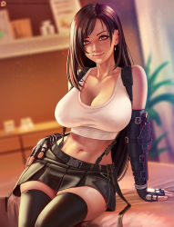 Rule 34 | 1girl, arm support, bare shoulders, black thighhighs, breasts, brown eyes, cleavage, closed mouth, covered erect nipples, crop top, dangle earrings, earrings, elbow pads, final fantasy, final fantasy vii, final fantasy vii remake, fingerless gloves, gloves, hand on own hip, jewelry, large breasts, long hair, low-tied long hair, navel, nikichen, shirt, sitting, skindentation, skirt, square enix, suspender skirt, suspenders, tank top, taut clothes, taut shirt, thighhighs, tifa lockhart, white tank top