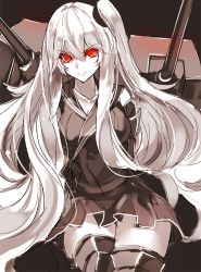 Rule 34 | 10s, 1girl, abyssal ship, aircraft carrier oni, aosaki yukina, armor, armored boots, boots, colored skin, cowboy shot, dress, kantai collection, long hair, machinery, one side up, red eyes, sailor dress, short dress, sketch, solo, thigh boots, thighhighs, very long hair, white hair, white skin, zettai ryouiki