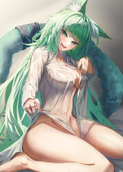 Rule 34 | 1girl, absurdres, animal ear fluff, animal ears, arknights, breasts, cat ears, cat girl, cat tail, cleavage, green eyes, green hair, groin, harmonie (arknights), highres, infection monitor (arknights), kurosabi neko, large breasts, long hair, looking at viewer, naked shirt, open clothes, open shirt, shirt, sitting, solo, tail, tail ornament, tail ring, very long hair, wariza, wet, wet clothes, wet shirt