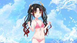 Rule 34 | 1girl, beach, belly, bikini, black hair, commission, eyebrows, halo, highres, horns, idol corp, lily sin, long hair, multicolored hair, navel, nose, open mouth, pink bikini, pointy ears, ribbon, splashing, swimsuit, thighs, virtual youtuber, wallpaper, water, yellow eyes