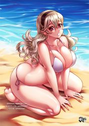 Rule 34 | 1girl, ass, beach, bikini, blonde hair, breasts, butt crack, cleavage, corrin (female) (fire emblem), corrin (fire emblem), fire emblem, fire emblem fates, jadenkaiba, large breasts, long hair, looking at viewer, nintendo, ocean, open mouth, purple eyes, sitting, solo, swimsuit