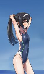 Rule 34 | 10s, 1girl, adjusting hair, arms up, black hair, blush, breasts, brown eyes, competition swimsuit, girls und panzer, hair ornament, hair scrunchie, hairband, highres, long hair, looking at viewer, mouth hold, one-piece swimsuit, one eye closed, reizei mako, rubberband, scrunchie, small breasts, smile, solo, solokov (okb-999), swimsuit