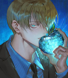 Rule 34 | 1boy, apple, black necktie, black suit, blonde hair, blue apple, blue eyes, crystal, expressionless, food, formal, fruit, glowing, glowing eyes, holding, holding food, holding fruit, kiss, looking at viewer, male focus, necktie, one piece, runa (nori31291404), sanji (one piece), shirt, solo, striped clothes, striped shirt, suit, upper body