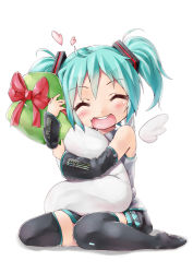 Rule 34 | 1girl, aqua hair, child, hatsune miku, miu (angelo whitechoc), hugging object, open mouth, pillow, pillow hug, short hair, sitting, skirt, smile, solo, spring onion, thighhighs, twintails, vocaloid, aged down