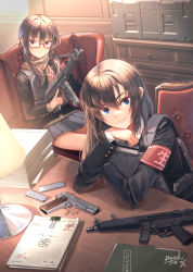 Rule 34 | 2girls, absurdres, armband, armchair, black jacket, blue eyes, brown hair, brown scarf, bullet, chair, closed mouth, collared shirt, commentary request, dreadtie, grey skirt, gun, h&amp;k mp5, hair between eyes, handgun, highres, holding, holding gun, holding weapon, indoors, jacket, looking at viewer, m1911, magazine (weapon), multiple girls, on chair, original, pistol, pleated skirt, purple eyes, red-framed eyewear, scarf, semi-rimless eyewear, shirt, sitting, skirt, smile, submachine gun, under-rim eyewear, weapon, weapon request, white shirt, witness holes