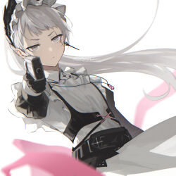 Rule 34 | 1girl, aiming, aiming at viewer, arknights, black gloves, closed mouth, commentary, english commentary, gloves, grey eyes, grey hair, gun, handgun, head wings, highres, holding, holding gun, holding weapon, irene (arknights), irene (voyage of feathers) (arknights), jewelry, long hair, long sleeves, looking at viewer, maid, maid headdress, necklace, official alternate costume, ponytail, scar, scar across eye, scar on face, signature, solo, split mouth, upper body, v-shaped eyebrows, velephyr, weapon, white background, wings