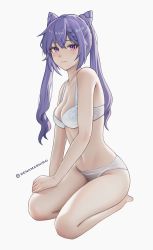Rule 34 | 1girl, absurdres, artist name, bare shoulders, blush, bra, breasts, chinese commentary, cleavage, commentary request, cone hair bun, full body, genshin impact, hair bun, highres, keqing (genshin impact), lips, long hair, looking at viewer, medium breasts, navel, panties, purple eyes, purple hair, seiza, senamashiro, simple background, sitting, solo, stomach, thighs, twintails, underwear, underwear only, white background, white bra, white panties