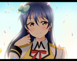 Rule 34 | 1girl, blue hair, blush, bow, bowtie, closed mouth, confetti, earrings, hair between eyes, heart, heart earrings, jewelry, letterboxed, long hair, long sleeves, looking at viewer, love live!, love live! school idol project, red bow, red bowtie, smile, solo, sonoda umi, sunny day song, upper body, yellow eyes, yumari nakura