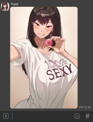 Rule 34 | 1girl, baggy clothes, baggy shirt, black hair, blush, borrowed character, breasts, clothes writing, commentary, condom, condom wrapper, english commentary, fake screenshot, female focus, grin, holding, holding condom, holding phone, huge breasts, jagaimo (kkamja), large breasts, looking at viewer, nail polish, nails, original, phone, pink nails, red eyes, selfie, shirt, smile, solo, t-shirt, teeth, white shirt, yumi (nt00)