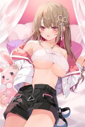 Rule 34 | 1girl, absurdres, armpit crease, ayaginu temari, bare shoulders, black shorts, breasts, brown hair, camisole, cleavage, collarbone, colored inner hair, crop top, curtains, flower knot, hair ribbon, heart, highres, isekai tensei shite v ni narimashita, jacket, jewelry, large breasts, long hair, long sleeves, looking at viewer, lying, midriff, mole, mole under eye, multicolored hair, necklace, no bra, off shoulder, on back, on bed, open clothes, open fly, open jacket, open mouth, p (p25234112), pillow, red eyes, red hair, ribbed shirt, ribbon, second-party source, shirt, short shorts, shorts, sleeveless, sleeveless shirt, smile, solo, spaghetti strap, stomach, stuffed animal, stuffed rabbit, stuffed toy, thighs, underboob, virtual youtuber, white jacket, white shirt
