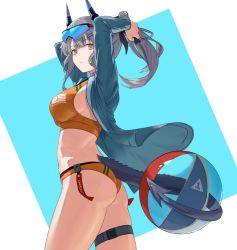 Rule 34 | 1girl, alternate costume, arknights, arms up, ass, ball, beachball, bikini, black ribbon, blue-tinted eyewear, blue background, blue jacket, blunt bangs, breasts, closed mouth, cowboy shot, dragon girl, dragon horns, dragon tail, eyewear on head, from side, grey hair, hair ornament, hair ribbon, hairclip, highres, holding, holding with tail, horns, jacket, large breasts, liskarm (arknights), long hair, long sleeves, looking at viewer, looking to the side, open clothes, open jacket, orange bikini, orange eyes, ponytail, prehensile tail, ribbon, sideboob, skindentation, solo, sunglasses, swimsuit, tail, thigh strap, tinted eyewear, tsukira (amayadori), two-tone background, tying hair, white background