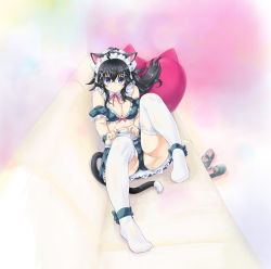 Rule 34 | 10s, 1girl, adjusting clothes, adjusting legwear, ahoge, animal ears, ankle ribbon, ass, bare shoulders, bikini, black footwear, black hair, blue eyes, blush, breasts, cat ears, cat tail, closed mouth, couch, detached collar, detached sleeves, frills, full body, hair ornament, heart, heart-shaped pillow, highres, kiyama satoshi, knees up, lace, lace-trimmed legwear, lace trim, large breasts, leaning back, leg ribbon, leg up, long hair, looking at viewer, maid, maid bikini, maid headdress, midriff, miniskirt, multicolored background, neck ribbon, netoge no yome wa onna no ko janai to omotta?, no shoes, on couch, panties, pillow, red ribbon, revision, ribbon, shoes, unworn shoes, sitting, skirt, smile, solo, swimsuit, tail, tamaki ako, thighhighs, unconventional maid, underwear, upskirt, white thighhighs, x hair ornament