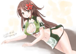 Rule 34 | amagi (kancolle), breasts, brown eyes, brown hair, cleavage, crop top, dated, green shirt, hair ornament, kantai collection, kitagawa mikio, large breasts, leaf, leaf hair ornament, long hair, lying, maple leaf, on side, one-hour drawing challenge, pleated skirt, shirt, sidelocks, simple background, skirt, twitter username, white background, white skirt