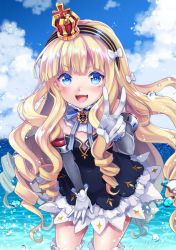 Rule 34 | 1girl, azur lane, black dress, blonde hair, blue eyes, cloud, covered navel, crown, day, detached sleeves, dress, fang, gloves, hairband, highres, leaning forward, long hair, open mouth, outdoors, oz snowrose, queen elizabeth (azur lane), short dress, sky, smile, solo, thighhighs, v, white gloves, white thighhighs