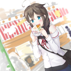 Rule 34 | ahoge, aruka, bag, bare shoulders, blue eyes, braid, braided ponytail, brown hair, burger, eating, food, hair flaps, hair over shoulder, kantai collection, long hair, long sleeves, off-shoulder shirt, off shoulder, official alternate costume, open mouth, red ribbon, ribbon, shigure (kancolle), shirt, solo, sweater, turtleneck, turtleneck sweater, upper body