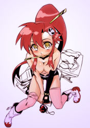 Rule 34 | 00s, 1girl, blush, boots, breasts squeezed together, breasts, gun, large breasts, looking up, mori kotarou, mouth hold, navel, pink thighhighs, red hair, rifle, short shorts, shorts, sitting, solo, tengen toppa gurren lagann, thighhighs, topless, weapon, yellow eyes, yoko littner