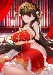 Rule 34 | 1girl, absurdres, alternate costume, an yasuri, azur lane, bare shoulders, blunt bangs, breasts, brown hair, china dress, chinese clothes, cleavage, closed mouth, collarbone, double bun, dress, hair bun, hair ornament, headpiece, highres, lantern, large breasts, long hair, looking at viewer, red dress, red eyes, sideboob, smile, solo, thighs, very long hair, yat sen (azur lane)