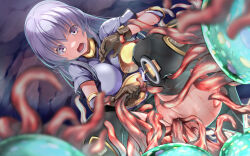 Rule 34 | 1girl, archer (ragnarok online), black panties, black thighhighs, blue shirt, breasts, brown gloves, censored, clothing aside, commentary request, crying, crying with eyes open, feet out of frame, gloves, hair between eyes, hydra (ragnarok online), large breasts, long bangs, long hair, looking down, mosaic censoring, muneate, open mouth, paid reward available, panties, panties aside, purple eyes, purple hair, pussy, ragnarok online, rape, shirt, short sleeves, tears, tent, tentacle sex, tentacles, thick thighs, thighhighs, thighs, underwear, vaginal, yonekura kihiro