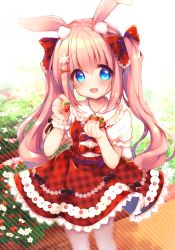 Rule 34 | 1girl, :d, animal ear fluff, animal ears, black bow, blue eyes, blush, bow, brown pantyhose, carrot hair ornament, commentary request, day, diagonal stripes, flower, food, food-themed hair ornament, fruit, hair between eyes, hair bow, hair ornament, hairclip, haru ichigo, highres, holding, holding food, long hair, open mouth, original, outdoors, pantyhose, pink hair, plaid, plaid bow, plaid skirt, puffy short sleeves, puffy sleeves, rabbit ears, red bow, red skirt, shirt, short sleeves, sidelocks, single wrist cuff, skirt, smile, solo, strawberry, striped, striped background, sunlight, twintails, unmoving pattern, very long hair, white flower, white shirt, wrist cuffs