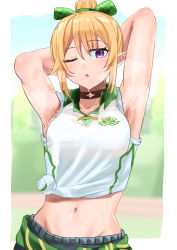 Rule 34 | 1girl, absurdres, armpits, arms up, black choker, blonde hair, blurry, blurry background, border, breasts, chloe (princess connect!), chloe (school festival) (princess connect!), choker, collarbone, collared shirt, commentary request, gym uniform, hair between eyes, highres, looking at viewer, medium breasts, midriff, navel, one eye closed, ooeyama, open mouth, outside border, pointy ears, ponytail, princess connect!, purple eyes, shirt, sidelocks, sleeves rolled up, solo, sweat, tied shirt, white border, white shirt