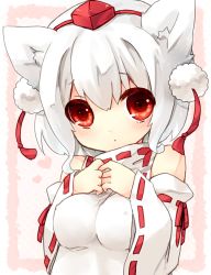 Rule 34 | 1girl, animal ears, bad id, bad pixiv id, blush, breasts, detached sleeves, covered erect nipples, female focus, hat, highres, impossible clothes, impossible shirt, inubashiri momiji, medium breasts, pom pom (clothes), red eyes, sawatari (sado), shirt, solo, tokin hat, touhou, white hair, wolf ears