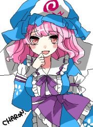 Rule 34 | 1girl, blue hat, blue kimono, blush, center frills, charon kn, cherry blossom print, floral print, frilled kimono, frills, hand on own chin, hand on own face, hat, japanese clothes, kimono, looking at viewer, mob cap, open mouth, pink eyes, pink hair, pixel art, red eyes, ribbon, saigyouji yuyuko, short hair, signature, simple background, smile, solo, touhou, triangular headpiece, white background