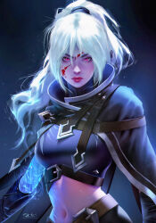 Rule 34 | 1girl, blood, blood on face, blue cloak, breasts, cloak, closed mouth, colored skin, commentary, dota (series), dota 2, drow ranger (dota), english commentary, lips, long hair, looking at viewer, medium breasts, midriff, navel, pink eyes, pink skin, ponytail, purple lips, razaras, signature, solo, stomach, white hair