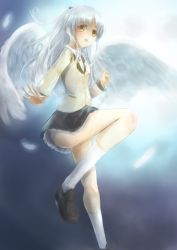Rule 34 | 10s, 1girl, angel beats!, angel wings, blazer, gradient background, humi, jacket, long hair, school uniform, silver hair, solo, tenshi (angel beats!), wings, yellow eyes