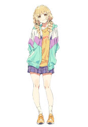 Rule 34 | 1girl, :3, arms behind back, blonde hair, blush, braid, fujita kotone, full body, gakuen idolmaster, highres, idolmaster, jacket, long hair, looking at viewer, multicolored clothes, multicolored jacket, open clothes, open jacket, shinashina, shoes, simple background, skirt, smile, sneakers, solo, twin braids, white background, yellow eyes