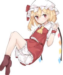 Rule 34 | 1girl, ascot, bad id, bad pixiv id, blonde hair, bloomers, blush, boots, bow, brown footwear, closed mouth, commentary request, crystal, flandre scarlet, flat chest, floating, frilled shirt collar, frills, full body, hair between eyes, hand up, hat, hat bow, highres, light smile, looking at viewer, mob cap, one side up, red bow, red eyes, red skirt, red vest, short hair, simple background, skirt, solo, subaritsuku, touhou, underwear, vest, white background, white hat, wings, wrist cuffs, yellow ascot