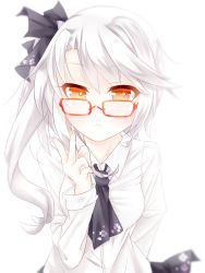 Rule 34 | 1girl, :&lt;, alternate costume, arm behind back, bespectacled, black neckerchief, black ribbon, blurry, blush, breasts, cherry blossom print, collarbone, collared shirt, commentary request, depth of field, fingernails, floral print, glasses, hair ribbon, hand up, highres, leaning forward, long hair, long sleeves, looking at viewer, medium breasts, neckerchief, ning hai (warship girls r), orange eyes, print ribbon, red-framed eyewear, ribbon, shirt, side ponytail, silver hair, simple background, solo, tareme, tengxiang lingnai, v, warship girls r, white background, white shirt