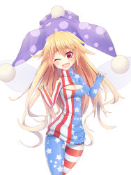 Rule 34 | 1girl, :d, adapted costume, american flag legwear, american flag print, american flag shirt, blonde hair, blush, breasts, cleavage, clownpiece, eyebrows, fairy wings, fang, hair between eyes, hat, jester cap, long hair, long sleeves, meme attire, one eye closed, open-chest sweater, open mouth, pantyhose, polka dot, print shirt, red eyes, simple background, sleeves past wrists, smile, solo, star (symbol), striped clothes, striped pantyhose, sweater, thigh gap, touhou, turtleneck, very long hair, white background, wings, z.o.b