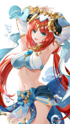 Rule 34 | 1girl, :d, armpits, arms up, blue bow, blue nails, bow, breasts, brooch, cowboy shot, crop top, dancer, detached sleeves, forehead jewel, fungi (genshin impact), genshin impact, gold trim, green eyes, happy, harem outfit, highres, horns, jewelry, liu liaoliao, long sleeves, looking at viewer, low twintails, medium breasts, nail polish, navel, neck ring, nilou (genshin impact), open mouth, parted bangs, puffy long sleeves, puffy sleeves, see-through, shirt, signature, simple background, sleeveless, sleeveless shirt, smile, solo, stomach, sweat, teeth, thighs, twintails, twitter username, upper teeth only, vambraces, veil, vision (genshin impact), water drop, white background, white headdress