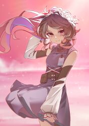 Rule 34 | 1girl, absurdres, animal ears, arknights, arm up, brown hair, closed mouth, cloud, collared dress, day, detached sleeves, dress, dun ji, eyjafjalla (arknights), eyjafjalla the hvit aska (arknights), highres, horizon, horns, long sleeves, looking at viewer, ocean, outdoors, pink sky, puffy long sleeves, puffy sleeves, purple dress, red eyes, sheep ears, sheep girl, sheep horns, side ponytail, sky, sleeves past wrists, solo, standing, white sleeves